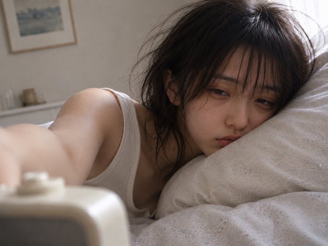 A sleepy woman with messy dark hair and bangs lies in bed, reaching for an alarm clock.