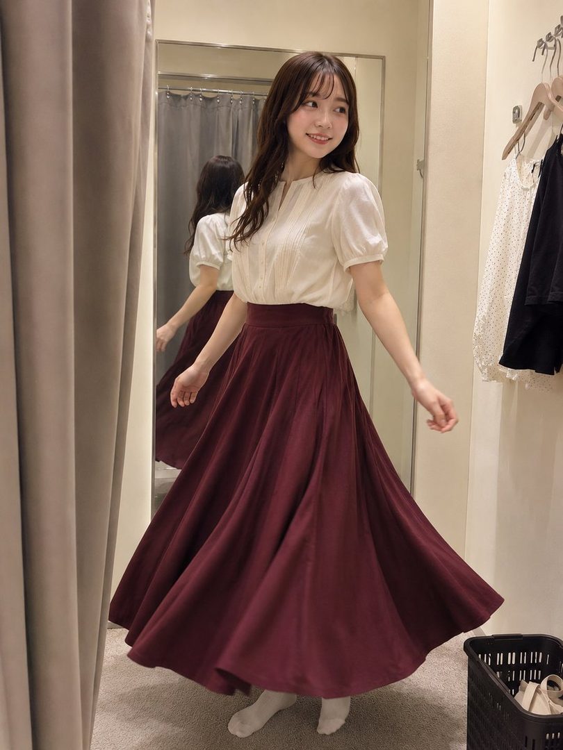A young woman with long brown hair smiles while wearing a white blouse and a long burgundy skirt in an indoor setting.