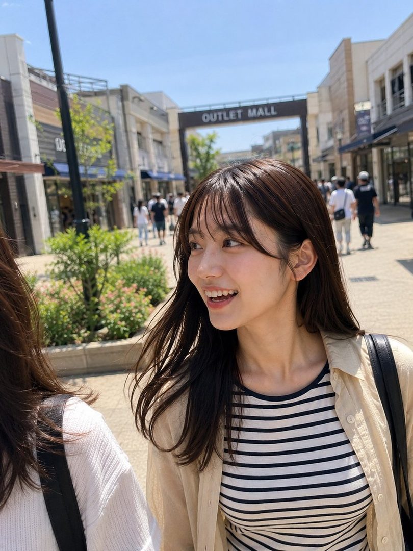 A young woman with long brown hair and bangs smiles while walking outdoors at an outlet mall on a sunny day.