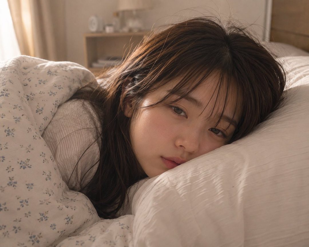 A young woman with brown hair and bangs lies in bed, looking directly at the camera with a serene expression.
