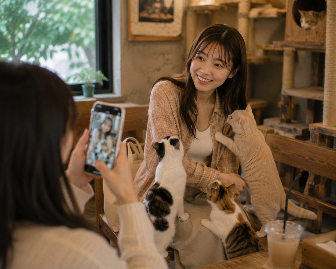 A smiling East Asian woman in a cat cafe is being photographed by a friend while surrounded by cats.