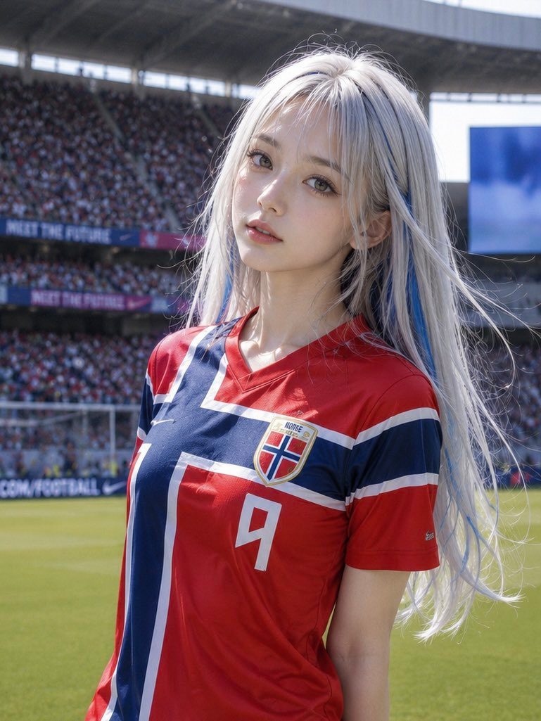 A young woman with long white hair and blue streaks wears a red and blue Norway soccer jersey in a stadium.