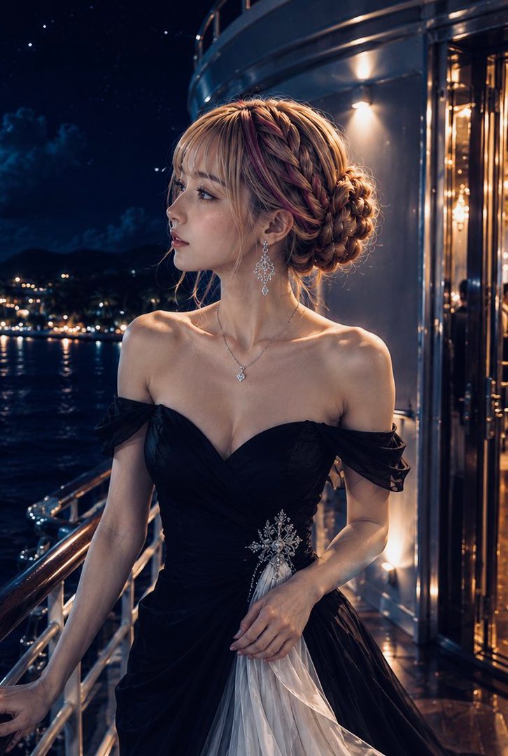 A woman in an elegant black off-shoulder dress with braided blonde hair stands on a cruise ship at night, looking out at the city lights.