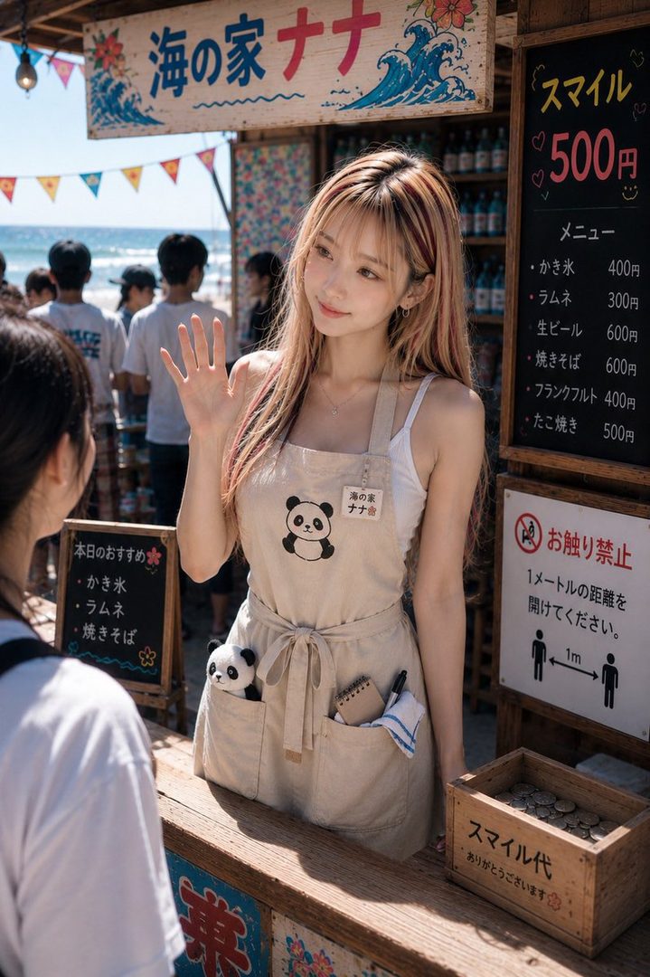 A cute anime-style girl with blonde hair and an apron with a panda logo is working at a beachside food stall, waving to a customer.