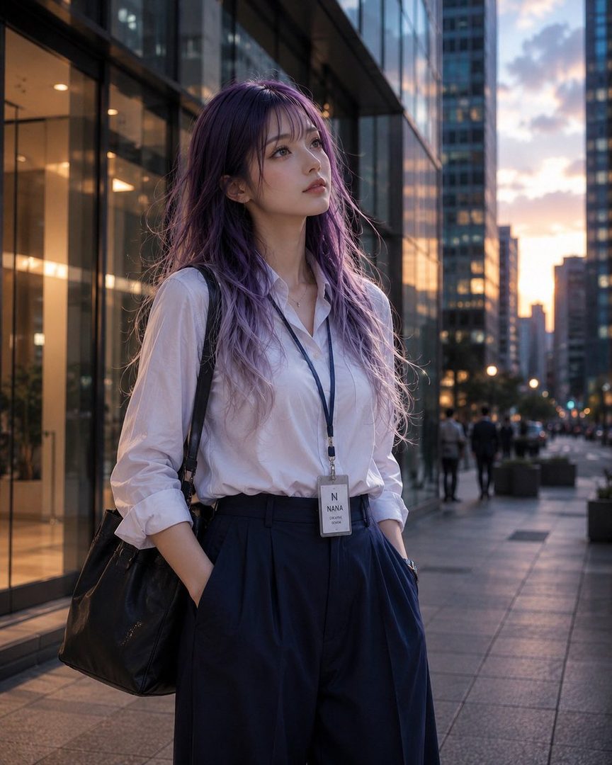 A woman with long purple hair and a white blouse stands on a city street at golden hour, looking up.