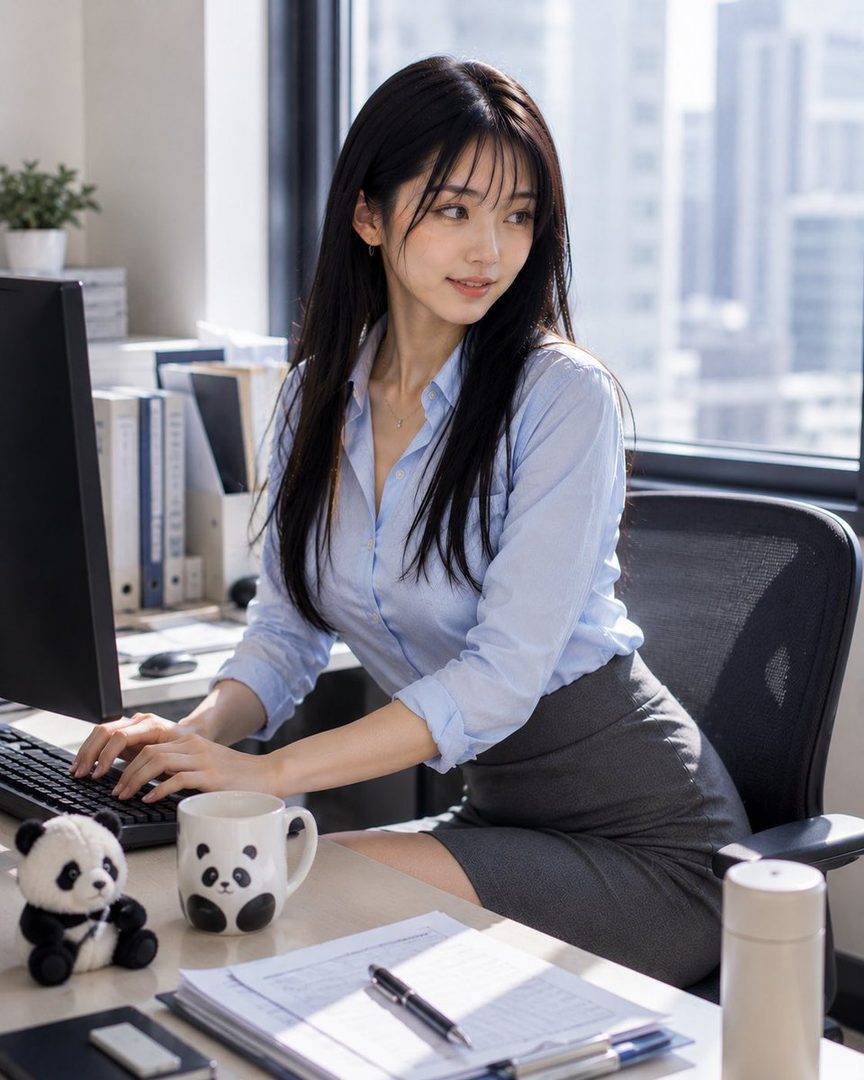 A young woman with long black hair and bangs, wearing a light blue blouse and a grey skirt, is working at a desk in an office with a city view.