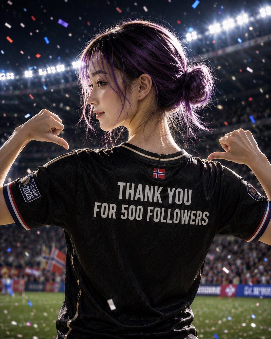 A woman with purple hair in a bun, wearing a black jersey that says "THANK YOU FOR 500 FOLLOWERS" on the back, stands in a stadium with confetti falling.