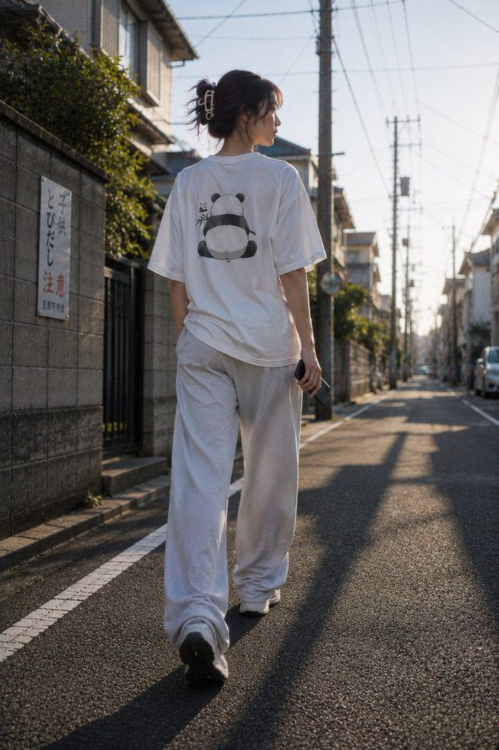 A woman with brown hair in a casual white t-shirt with a panda design and light pants walks down a sunny street.