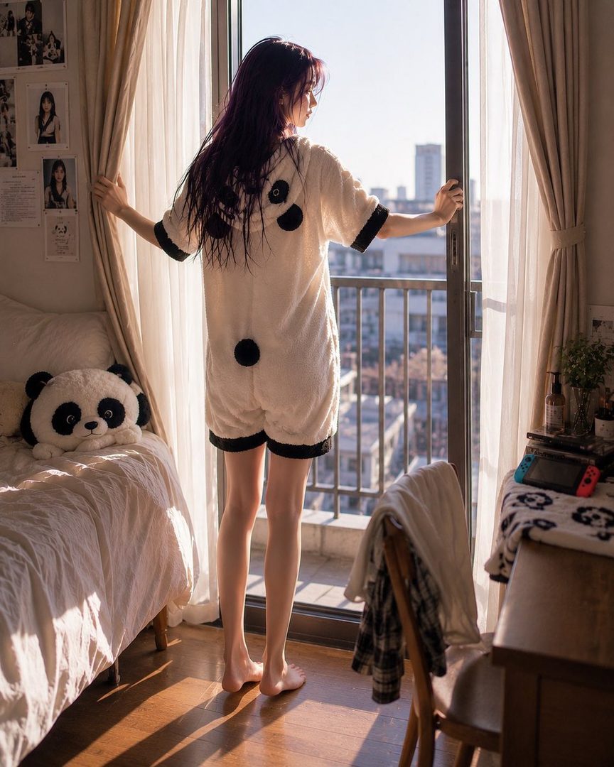 A woman with long red hair in a panda-themed loungewear stands by a balcony door, looking out at the city.