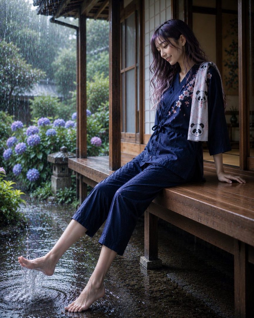 A woman with long purple hair wearing a dark blue kimono sits on a wooden porch, splashing her feet in the rain.