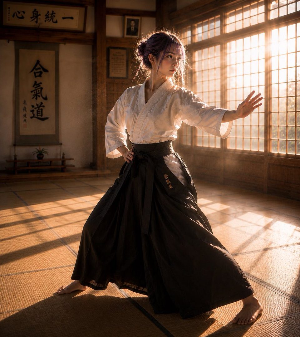 A woman with purple hair in a traditional Japanese martial arts uniform stands in a sunlit dojo.