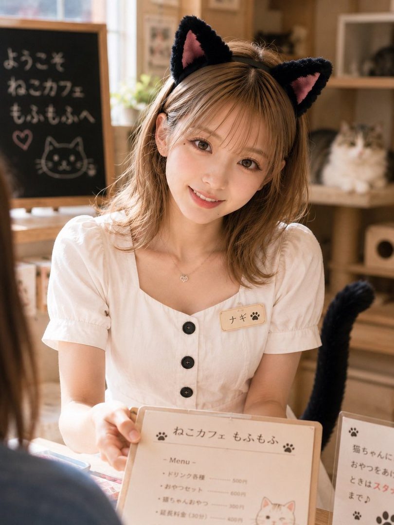 A cute Japanese woman with cat ears and tail, wearing a white blouse, smiles while holding a menu in a cat cafe.