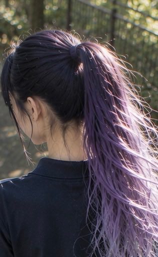 A woman with long purple hair tied in a ponytail, seen from behind, outdoors on a sunny day.