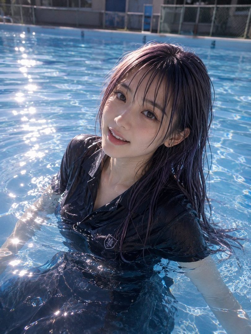 A young woman with long brown hair is smiling while submerged in a swimming pool, wearing a dark wet shirt.