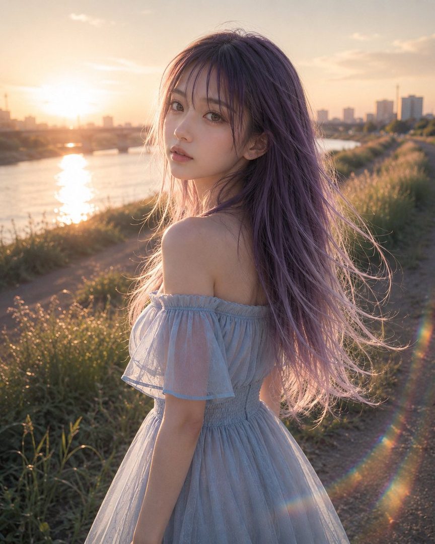 A young woman with long purple hair and a light blue off-shoulder dress looks back at the camera during golden hour by a river.
