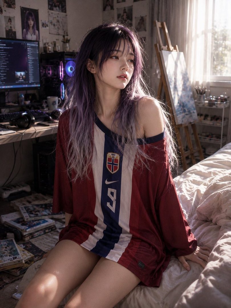 A young woman with long purple hair sits on a bed in a sunlit room, wearing a red and white sports jersey.