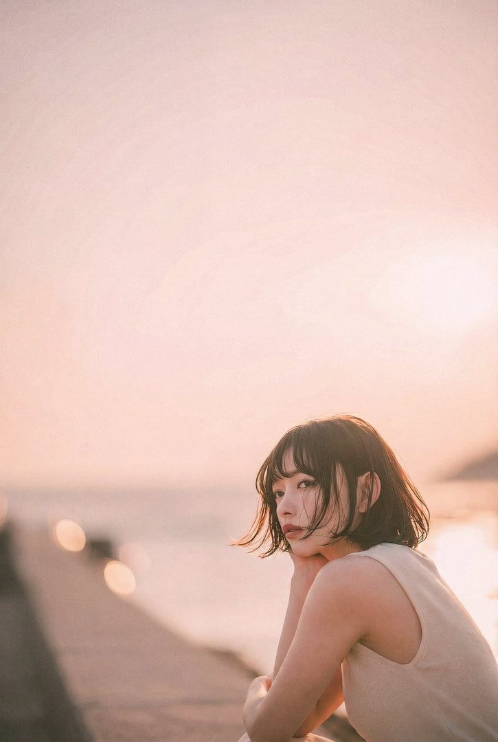 A young woman with short brown hair and bangs looks over her shoulder at golden hour by the water.
