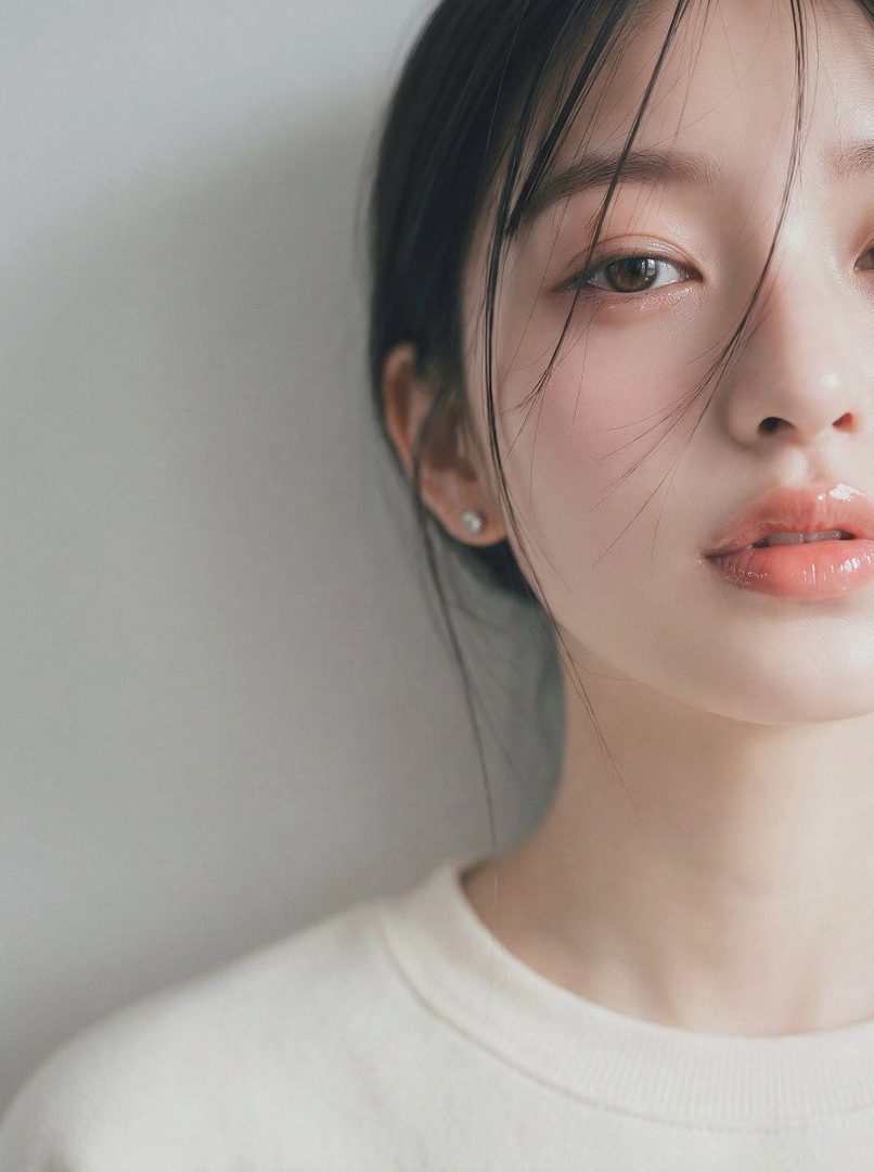 A close-up portrait of a young East Asian woman with dark hair and natural makeup, wearing a light-colored top.