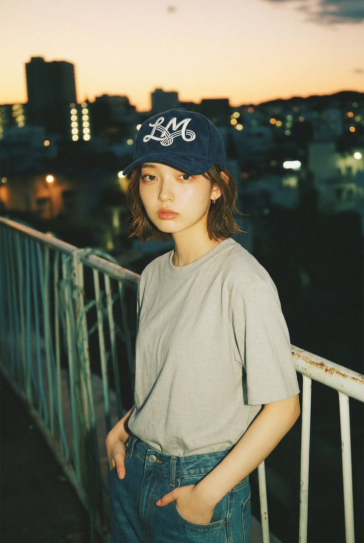 A young woman with short brown hair and a baseball cap stands on a bridge at golden hour, overlooking a city.