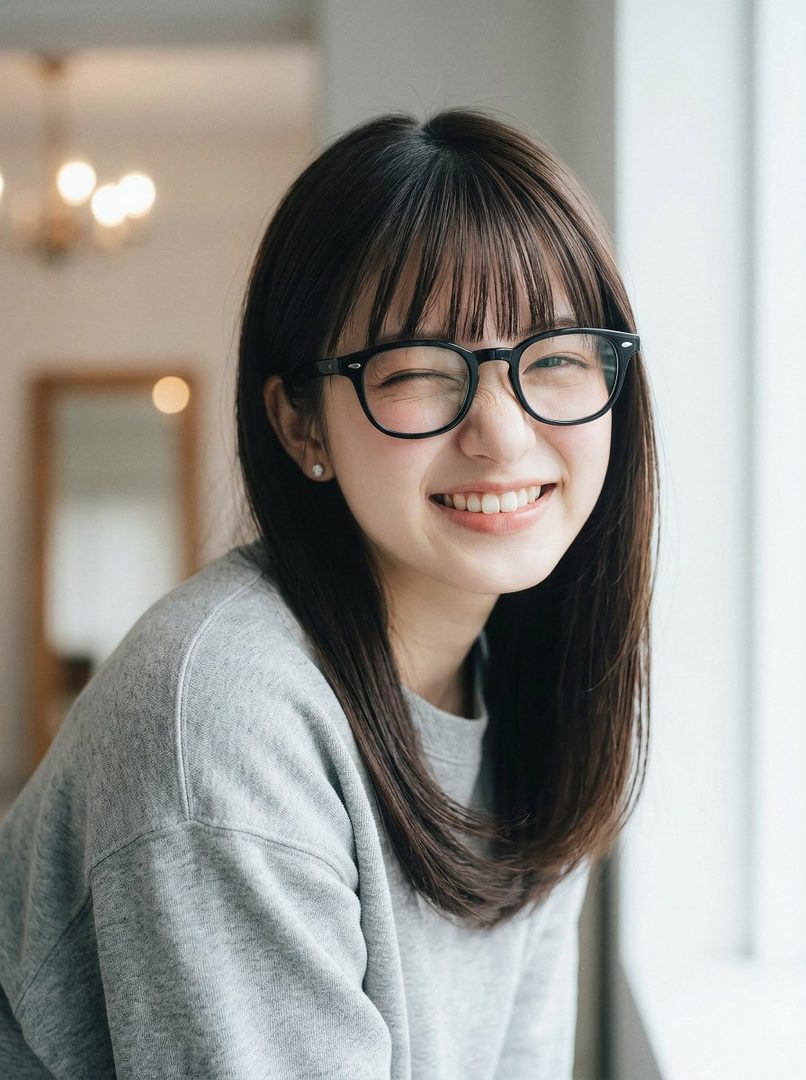 A cute East Asian woman with long brown hair and bangs, wearing glasses and a grey sweater, winks and smiles indoors.