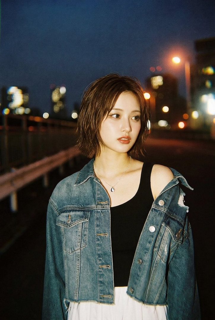 A young woman with short brown hair wearing a denim jacket and black top stands on a city street at night, looking to the side.