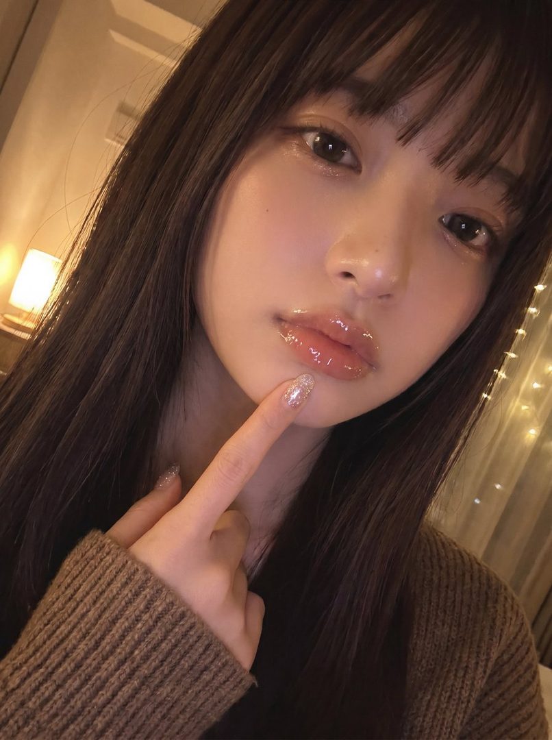 A close-up portrait of a young woman with long brown hair and bangs, wearing a brown sweater, touching her chin with a finger.