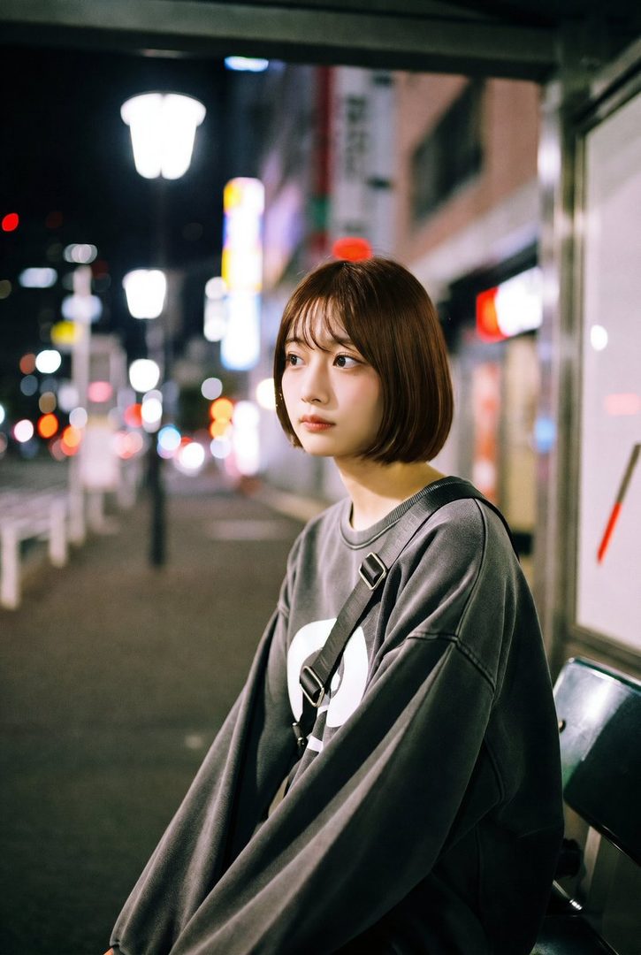 A young woman with short brown hair and bangs sits at night on a city street, looking to the side with bokeh lights in the background.
