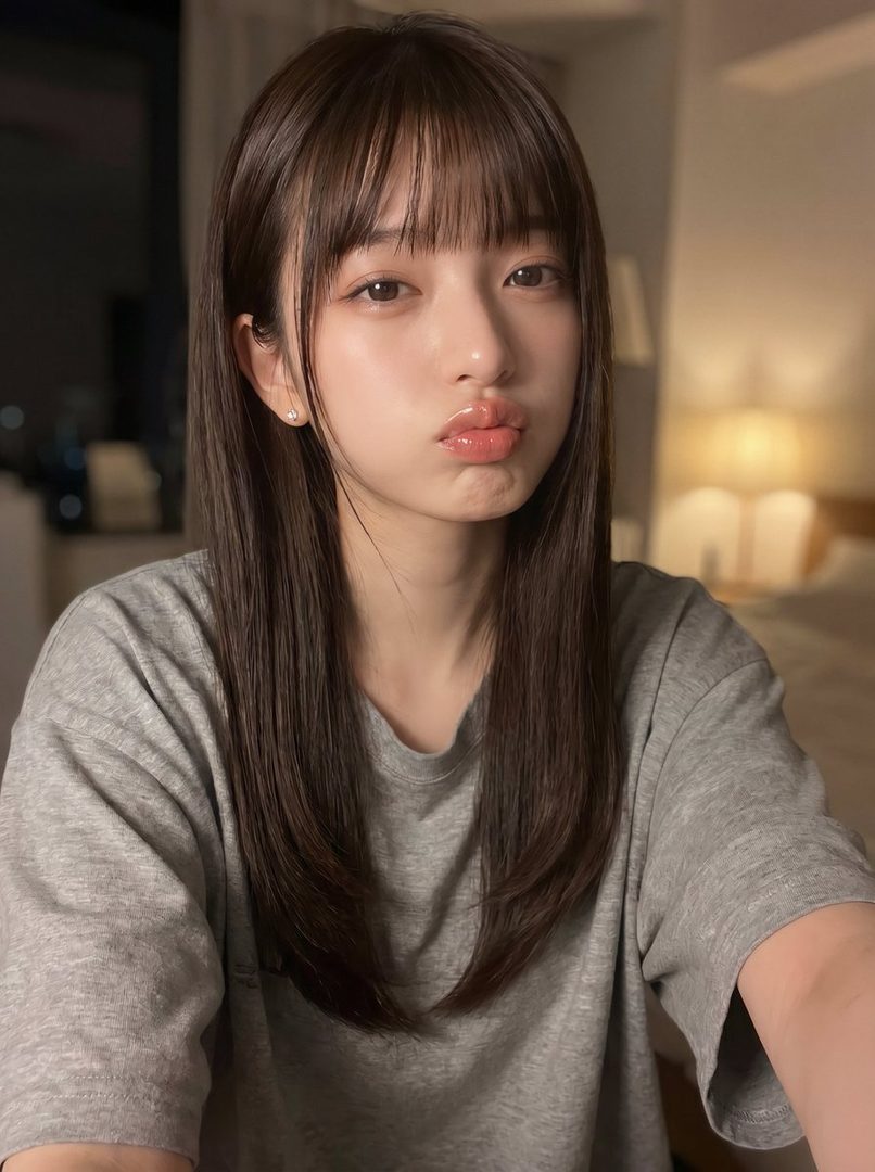 A young woman with long brown hair and bangs takes a selfie indoors, making a cute pouting face.