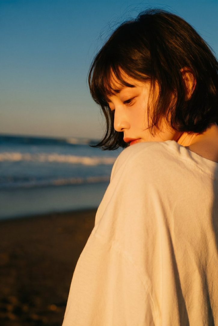 A young woman with short black hair looks down at the beach during golden hour.
