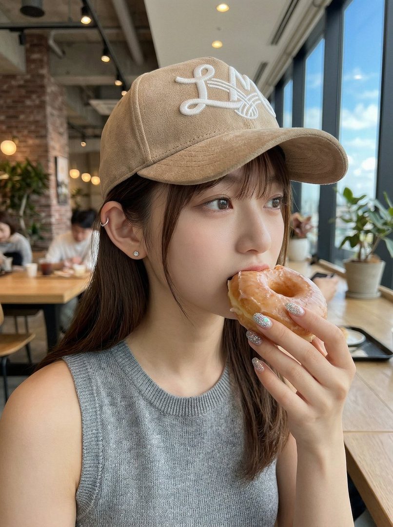 A young woman in a cafe wearing a cap and a grey top, taking a bite of a glazed donut.