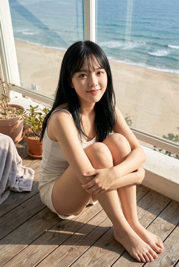 A young woman with black hair and bangs sits on a wooden floor indoors, looking at the camera with a gentle smile, with a beach and ocean visible through a large window behind her.