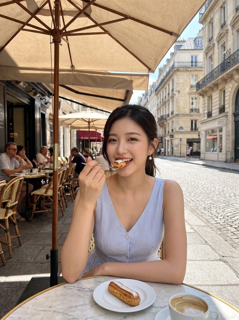 A young woman in a striped dress smiles while eating a pastry at an outdoor cafe in a European city.