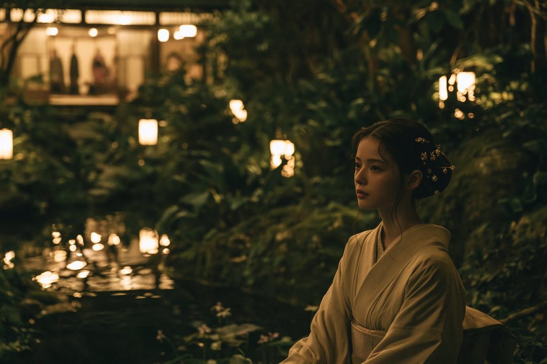 A young woman in a traditional kimono sits serenely in a lush, dimly lit garden with glowing lanterns.