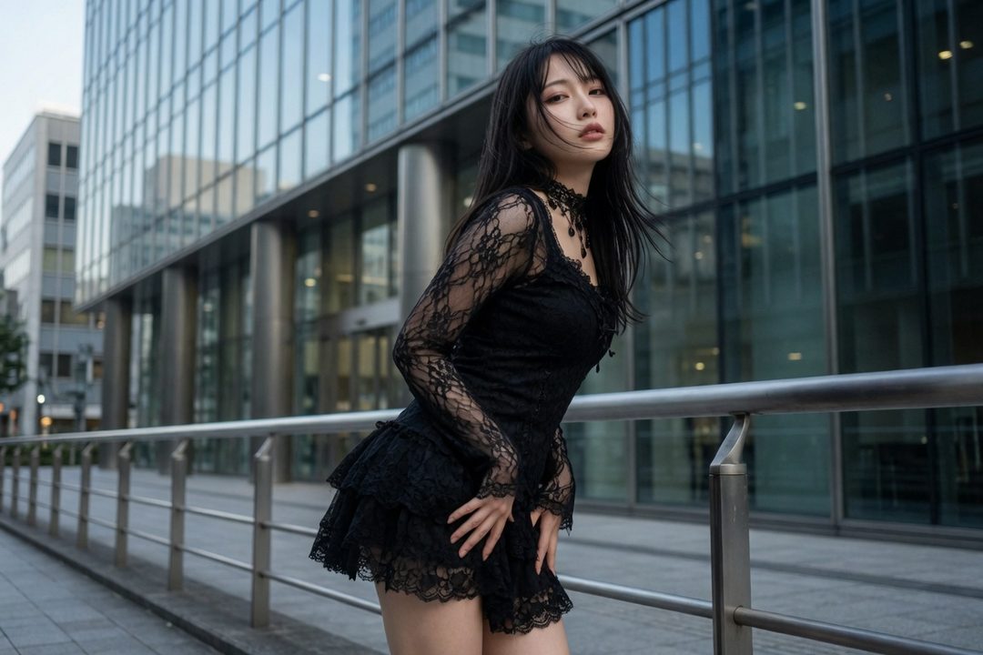 A woman in a black lace dress poses on a city street with modern buildings in the background.