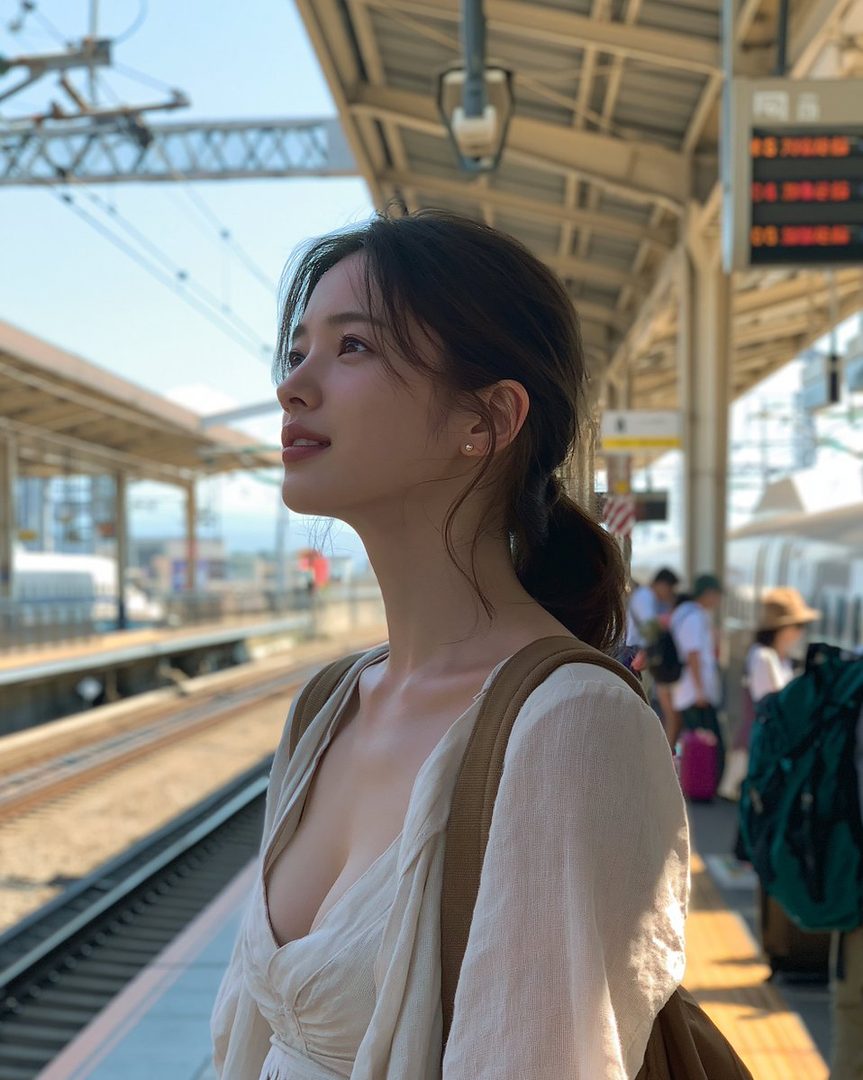 A beautiful East Asian woman with brown hair in a ponytail, wearing a casual light-colored top, stands on a train platform looking up dreamily.