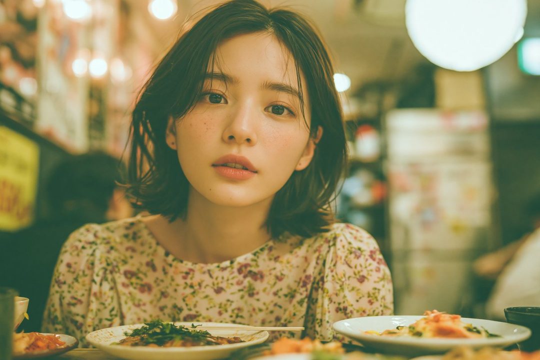 A young woman with short brown hair and a floral blouse looks directly at the camera while sitting at a table with food.