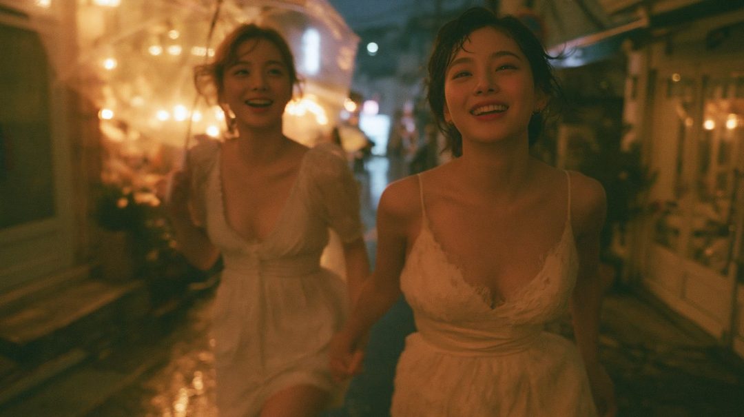 Two young women in white dresses laugh and hold hands while walking in the rain at night, illuminated by warm streetlights.
