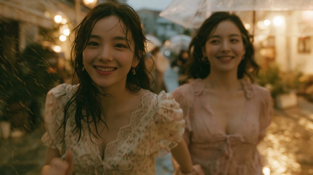 Two young women in dresses smile and laugh while walking in the rain at night, one holding an umbrella.