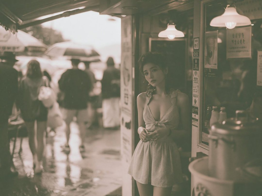 A woman in a light dress stands in a doorway on a rainy street, looking at the camera.