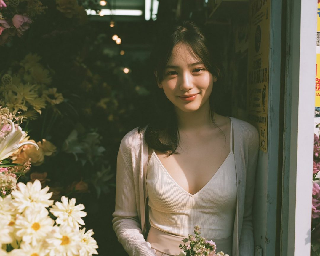 A young woman with long brown hair smiles gently while standing in a flower shop, bathed in warm sunlight.