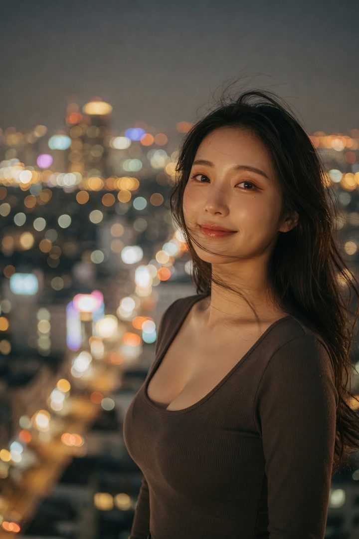 A beautiful woman with long brown hair smiles gently at the camera, standing on a rooftop at night with a blurred city skyline in the background.