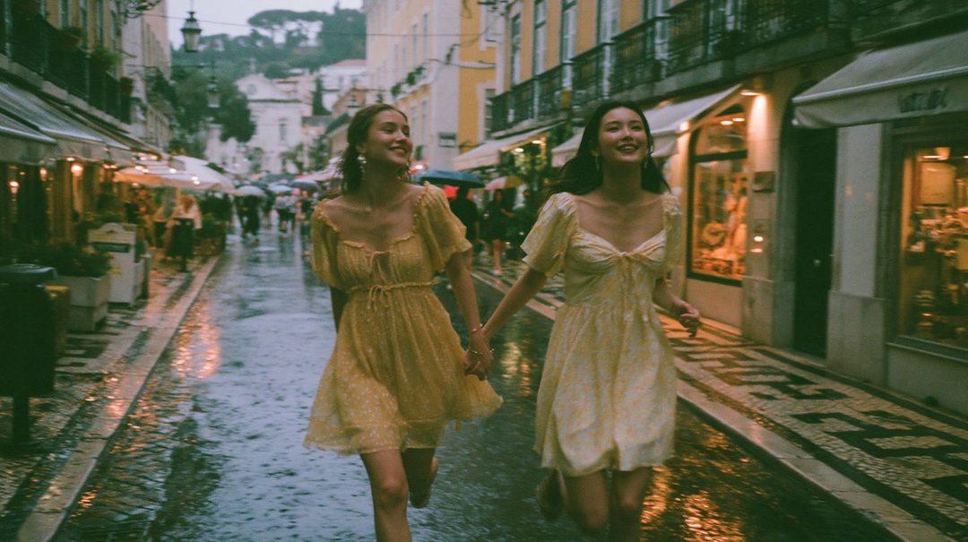 Two young women in yellow dresses run hand-in-hand down a wet, cobblestone street lined with shops at dusk.