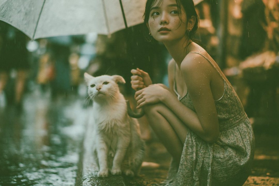 A young woman with an umbrella crouches next to a white cat in the rain, looking thoughtfully into the distance.
