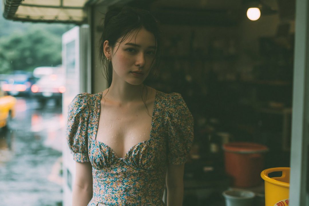 A young woman with dark hair in a floral dress stands in a doorway on a rainy day, looking at the camera.
