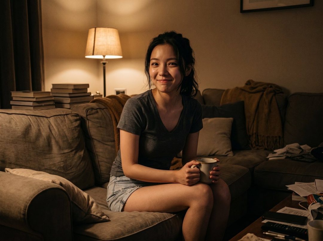 A young East Asian woman with black hair smiles while sitting on a couch in a dimly lit room, holding a mug.