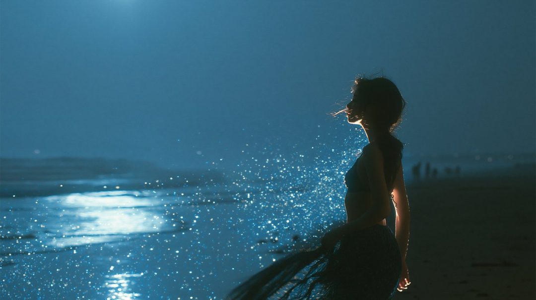 A woman stands on a beach at night, silhouetted against the sparkling water under a moonlit sky.