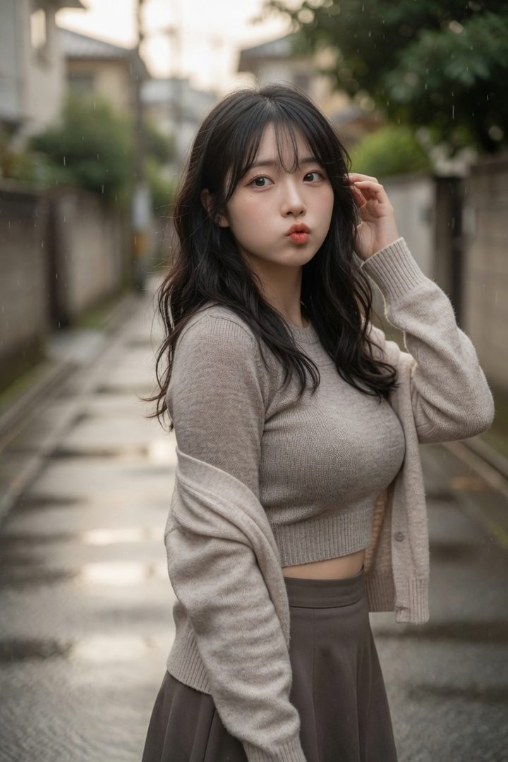 A young woman with long black hair and bangs, wearing a beige sweater and a dark skirt, stands on a wet street.