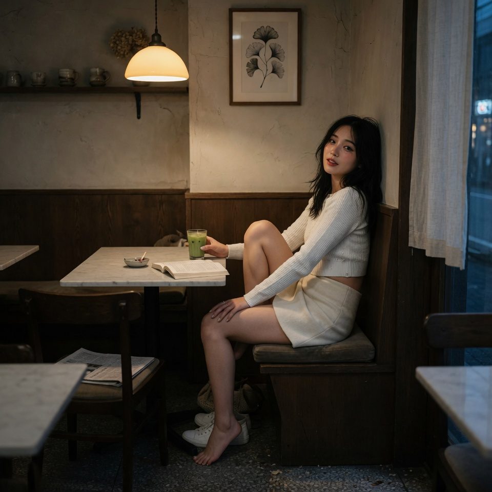 A young woman with long black hair sits in a cozy cafe booth, holding a green drink and looking at the camera.