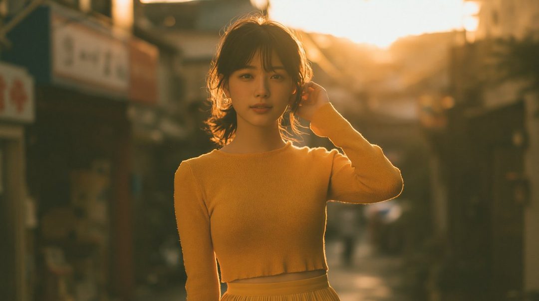 A young woman with brown hair in pigtails and bangs, wearing a yellow top, stands on a street during golden hour.