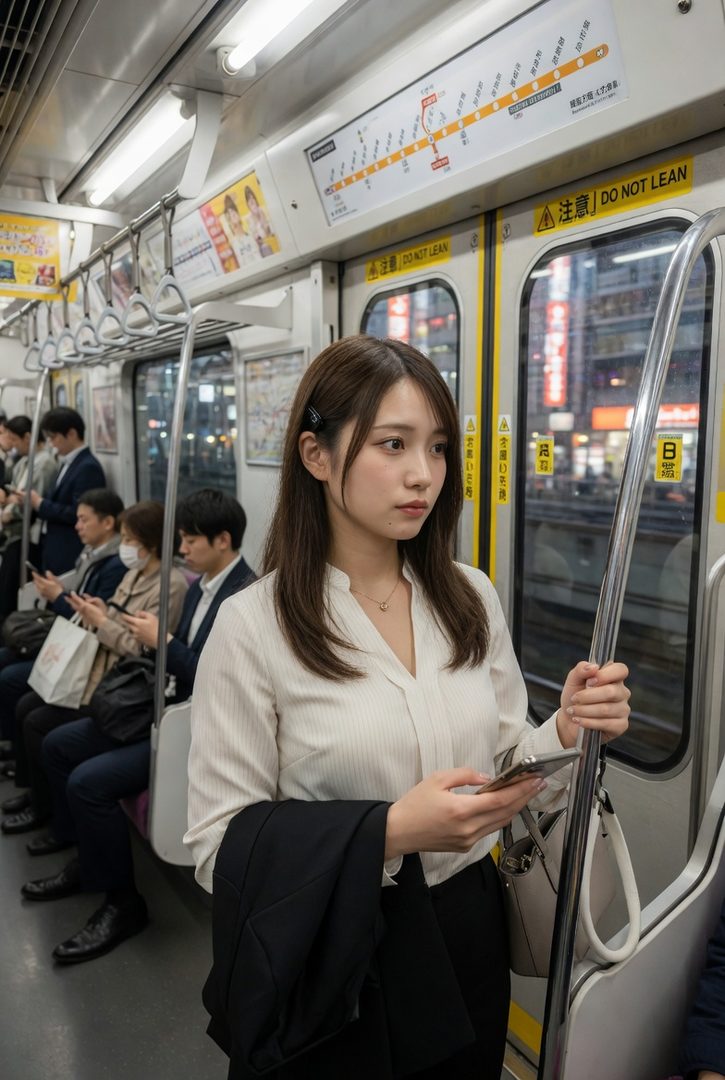 A young woman with long brown hair stands in a train, holding a phone and a black jacket, looking out the window.